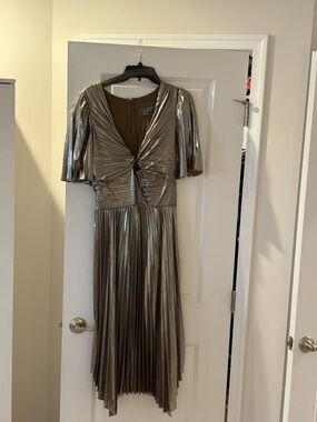 Anthropologie Metallic Silver Pleated High-Low Dress